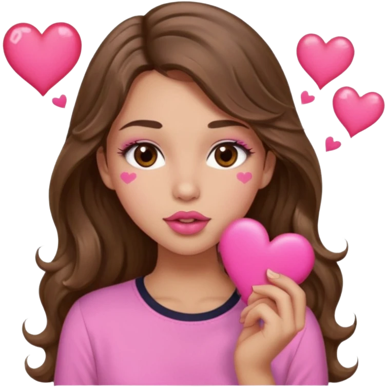 girl with long wavy brown hair, brown eyes, light to medium complexion, in a pink shirt, pink lips, long lashes, sexy , puckering lips kissing, blushing with hearts emoji