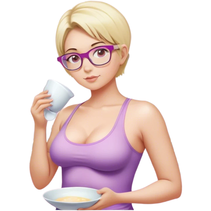 Thick fair skinned woman, short blond hair, small light purple reading glasses, washing dishes, sheer pink tank top, showing natural B cup breast shape SFW, black yoga pants, thick booty emoji