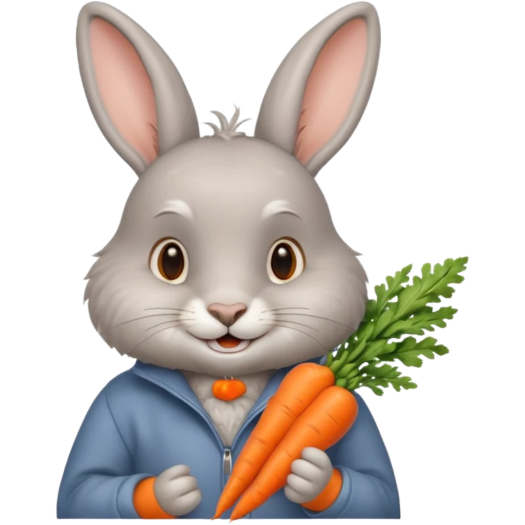 Grey rabbit, holding a carrot, grinning with joy
 emoji