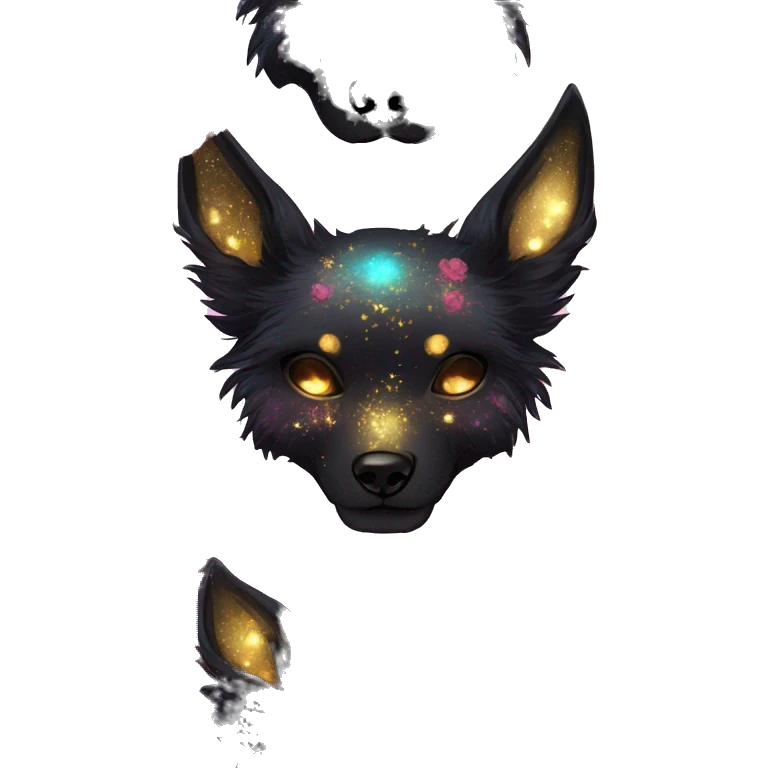 Black iridescent fluffy dog fox head skull zombie skull skeleton gold mechanical steampunk raven wings nebula galaxy stars colorful flowers fairy lights vintage emoji