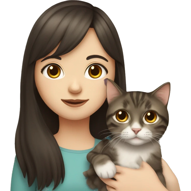 pale girl with long dark brown hair with bangs, holding a tabby cat emoji