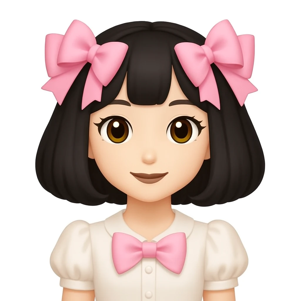 Create a cute girl similar to the reference image but with black hair in a bob cut (chanel style), pink bows in the hair, coquette style. Keep the same expression and outfit as the reference. The style should match the reference image's look and feel. emoji