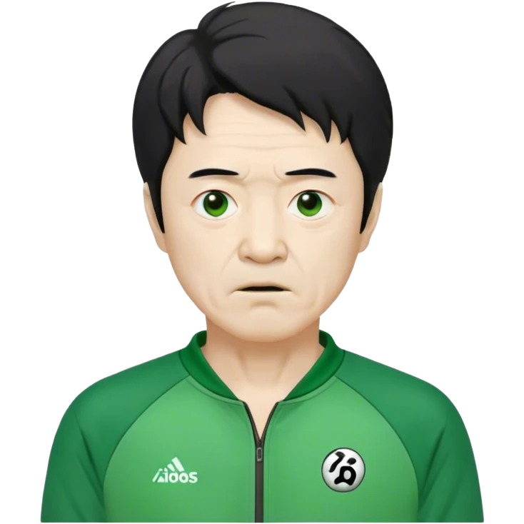 Seong Gi-hun : age 60, bony face, small mouth, unkempt black hair, Green player tracksuit,  emoji
