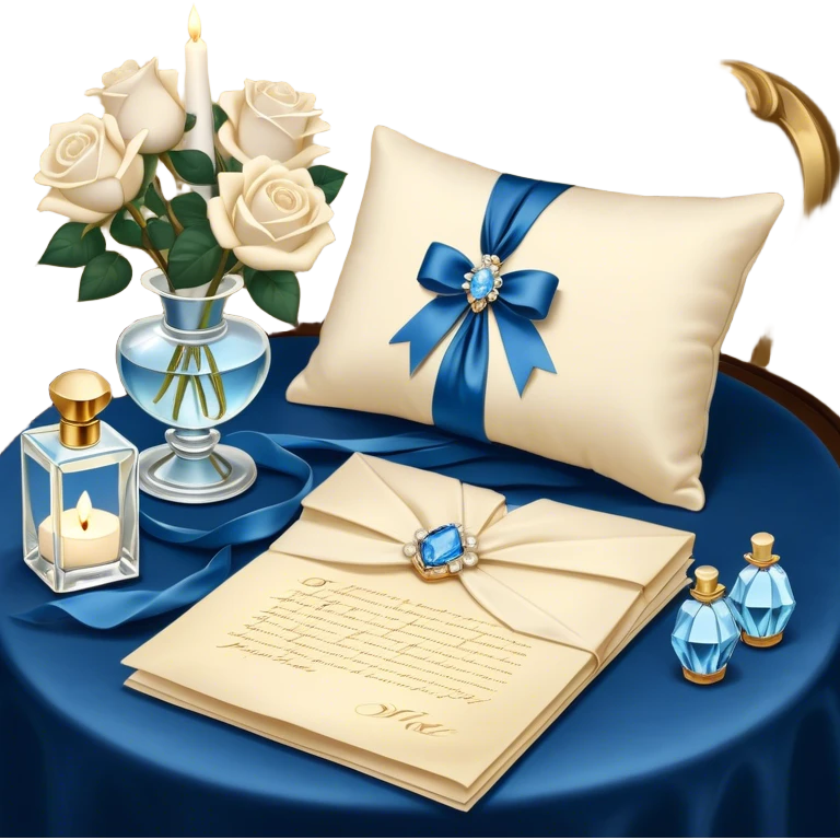 A carefully folded love letter, tied with a silky blue ribbon, sits on a velvet cushion. Beside it stands a tall crystal perfume bottle, exuding the soft scent of white roses. Pearl butterflies hover above the table, as the warm glow of candlelight reflects off the golden wax seal. emoji