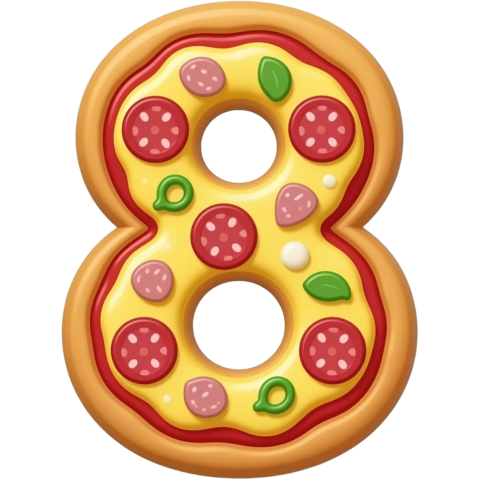 "pizza shaped number 8, 3D cartoon, colorful, white background emoji