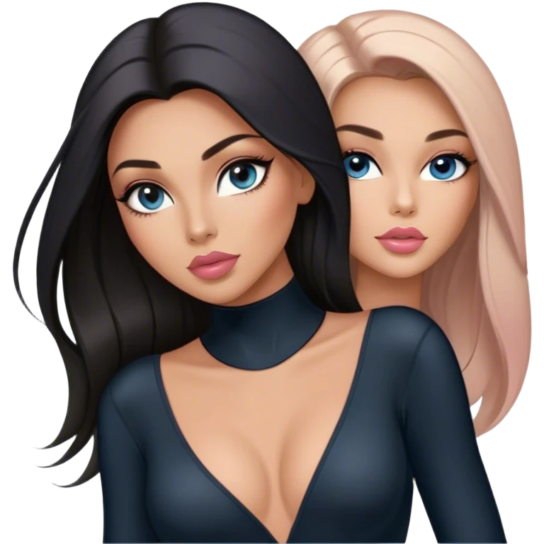Glamours, tanned, very beautiful girl, with big pump peach-beige-rose lips, long long lashes, black straight smooth silky long hair, straight parting hair, blue-grey eyes in black long-sleeves bodysuit emoji
