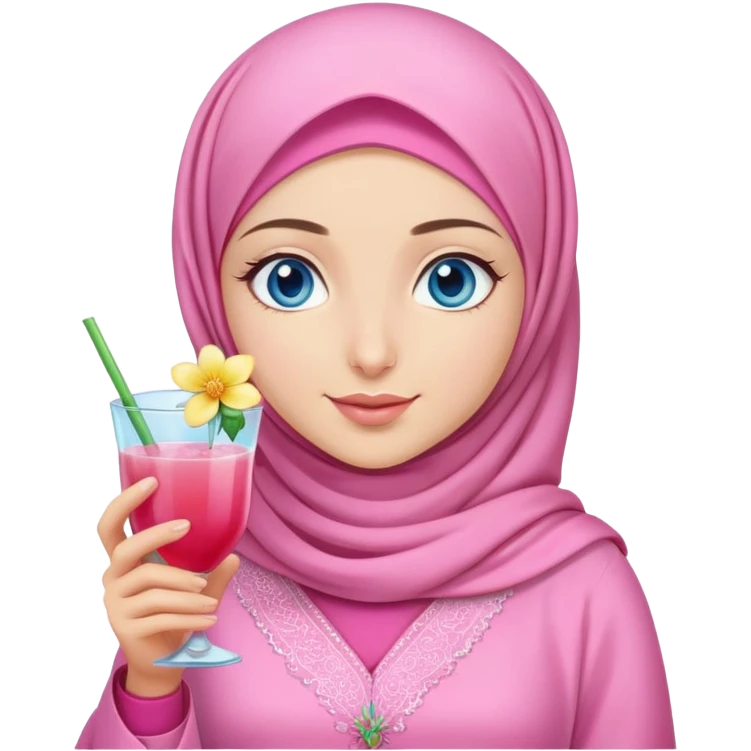 Turkish beautiful finish Konya girl blue eyes with pink hijab islamic dress and had on her hand flower mocktail emoji