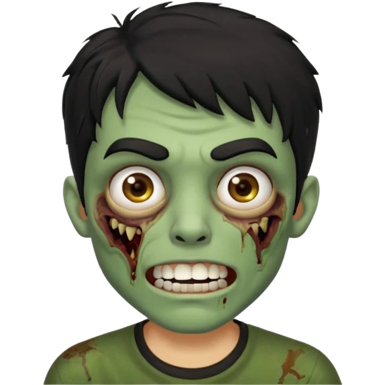 zombi emoji man with a fringe wavy medium black hair, mouth with a white teeth, nose, eyes brown, brown eyebrow, green skin, black shirt emoji