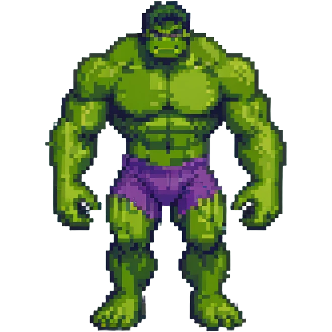 Hulk standing in a Japanese city, pixel art style emoji