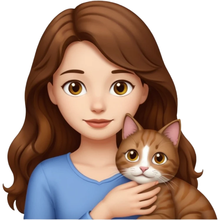 a girl with long wavy brown hair and brown eyes petting a cat, emoji style emoji