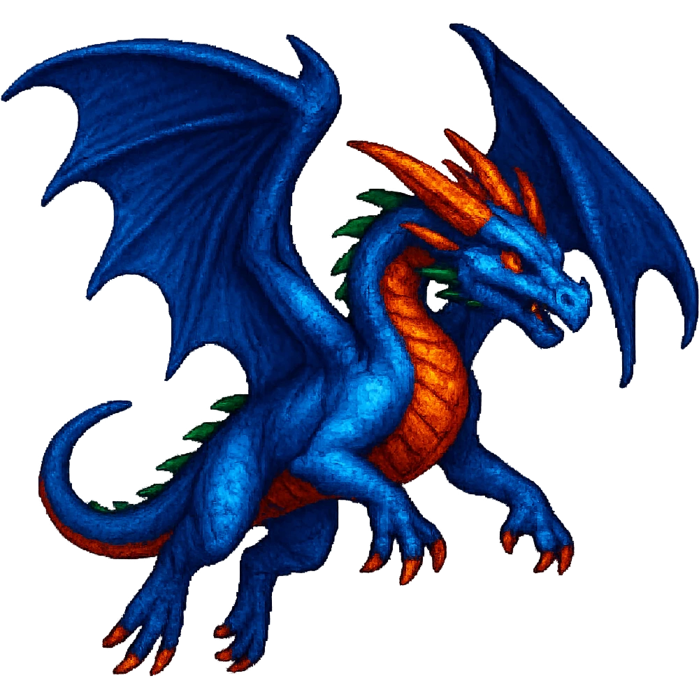 Show this fiery blue dragon with large wings in a dynamic flying pose, keep the style. emoji