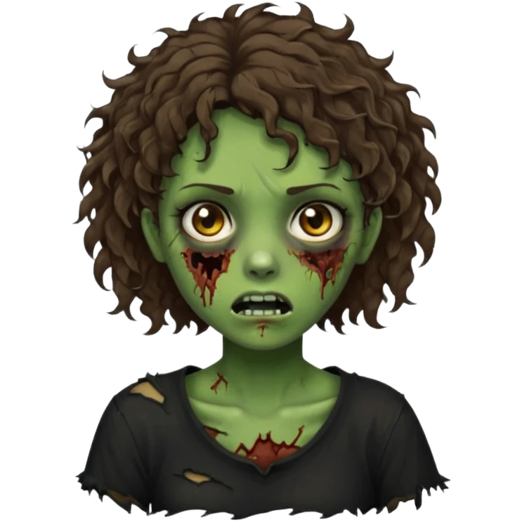 Zombie girl emoji verde com cabelo curto cacheado castanho no ombro com uma blusa preta emoji