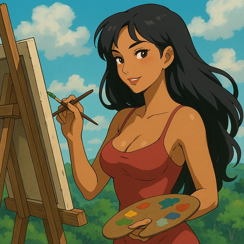 sexy tanned woman artist with long black hair, painting at an easel, holding a paint palette and brush, in ghibli style emoji