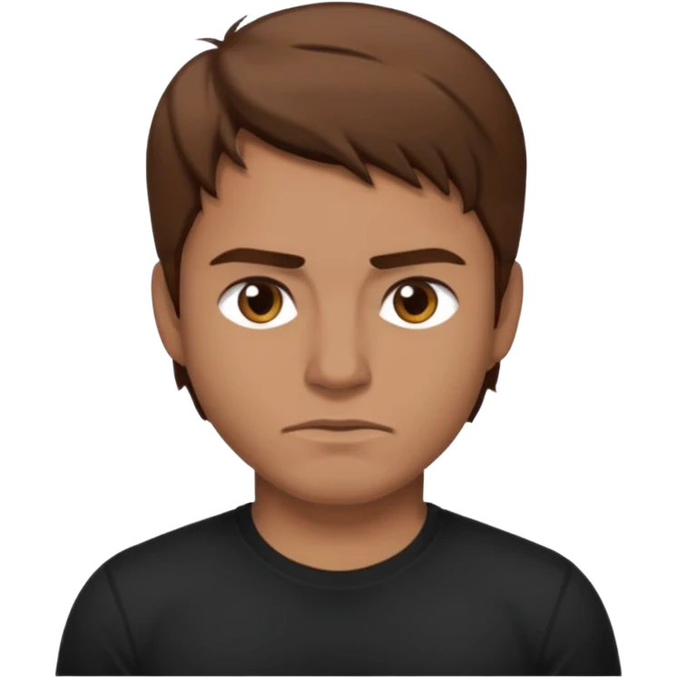 man with brown hair who is strong wearing black t shirt not smiling emoji