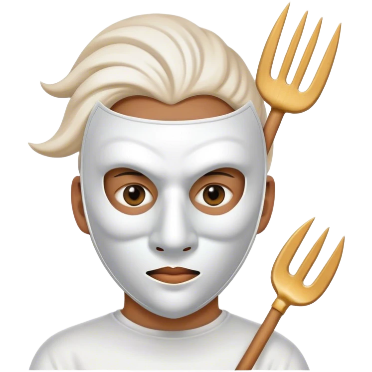all white mask with point on top and cut out holese on the eyes holding a pitchfork emoji