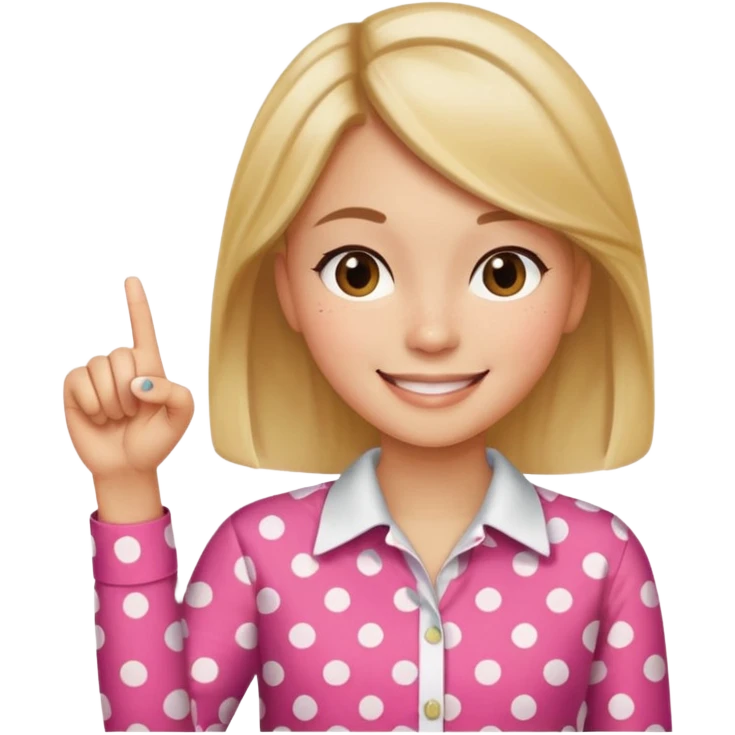 girl wearing a polka dots  shirt style, and poiting witgh her hand emoji