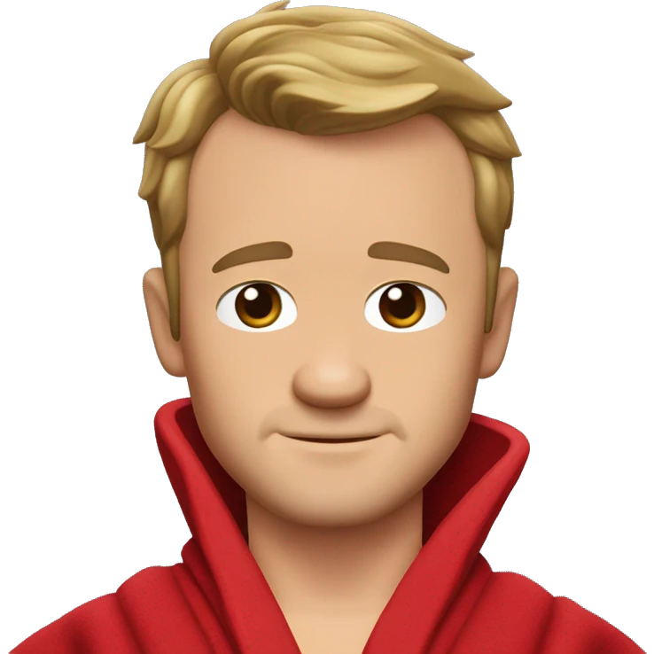 Barney Stinson, with a short face and dark blond hair that sticks out at the front, wears a red-and-black bathrobe. emoji