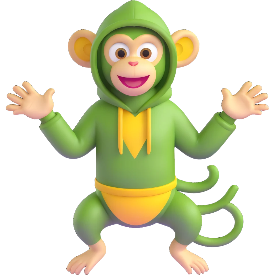 Cute 3D green monkey with big yellow ears, dark hood, and a happy face. Arms open wide, always smiling and full of energy. Friendly, fun, and curious — perfect for preschool kids. emoji