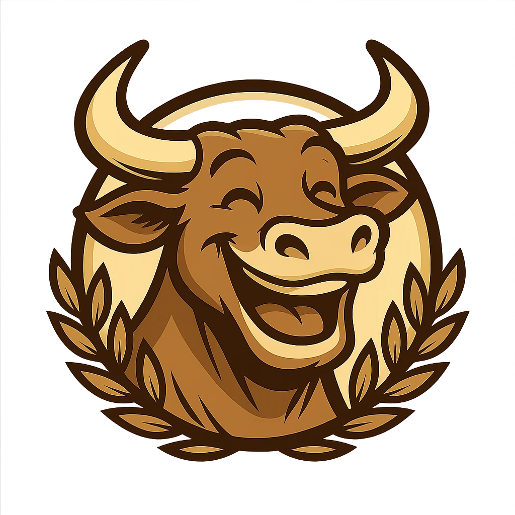 Create a friendly mascot of a laughing bull inspired by the reference image. The bull should have a broad smile, no text, and be in a modern, clear style. Remove the background completely. emoji