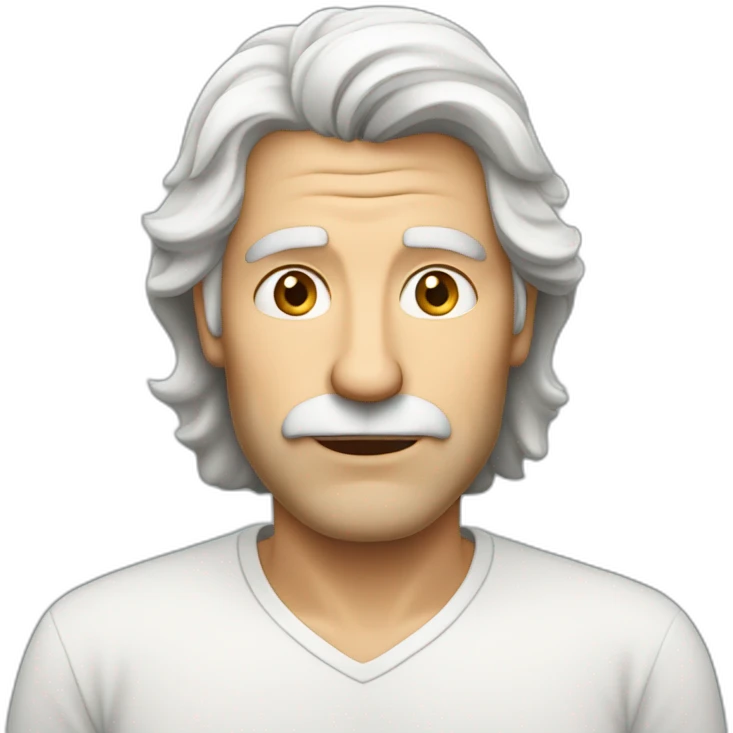 Insecure european guy in his fifties with mid long white hair wearing a shirt emoji