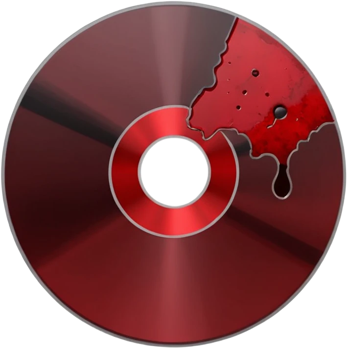 Minimalist emoji-style sticker of a single CD with a sharp crack and a dried blood spot. View from above, black, gray, and muted red.
 emoji