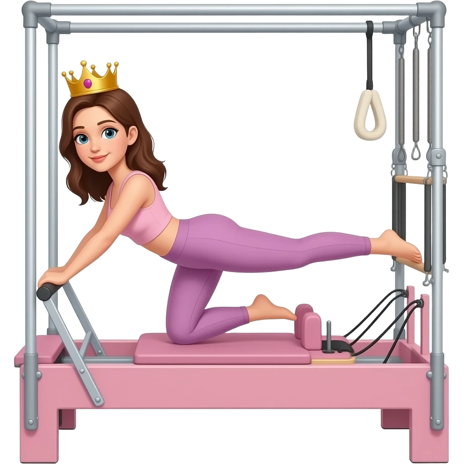Pilates girl on pink reformer, brown hair, with crown emoji