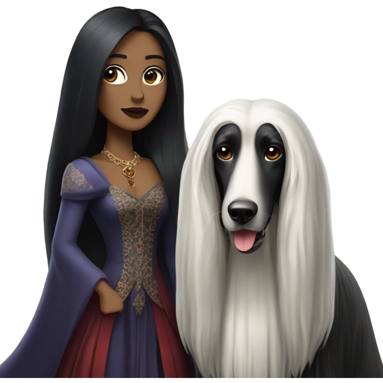 Women vampire black hair full body with Afghan Hound, Schiaparelli emoji
