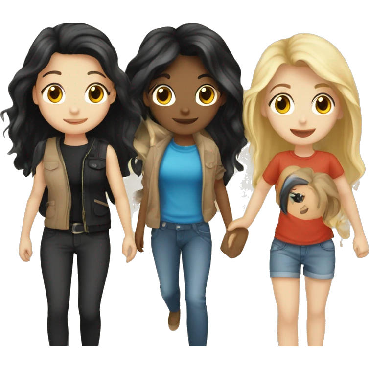 Friend group of a blond girl, two brunette girls, a girl with black hair, and a boy with black hair emoji