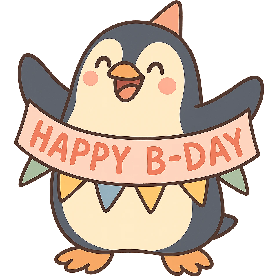 smiling penguin holding 'Happy B-Day' banner, pastel-toon style emoji