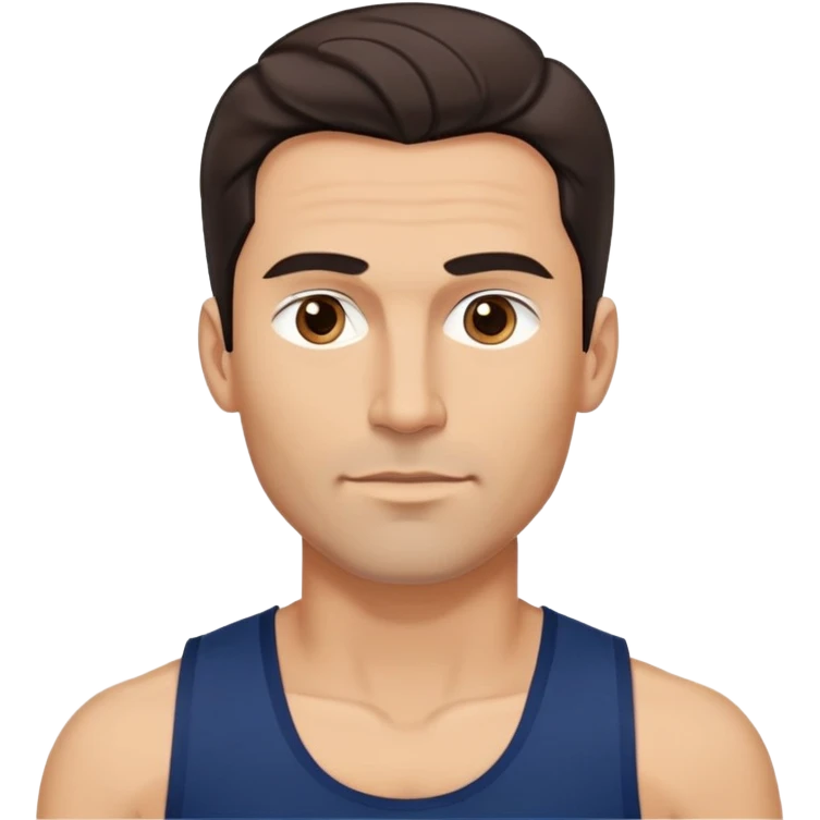 Youthful-looking athletic 40-year-old man with light brown skin, elongated face, defined jawline, attractive features, medium dark eyes, arched eyebrows, straight nose, confident expression, medium wavy dark hair with modern style, wearing a navy blue tank top emoji