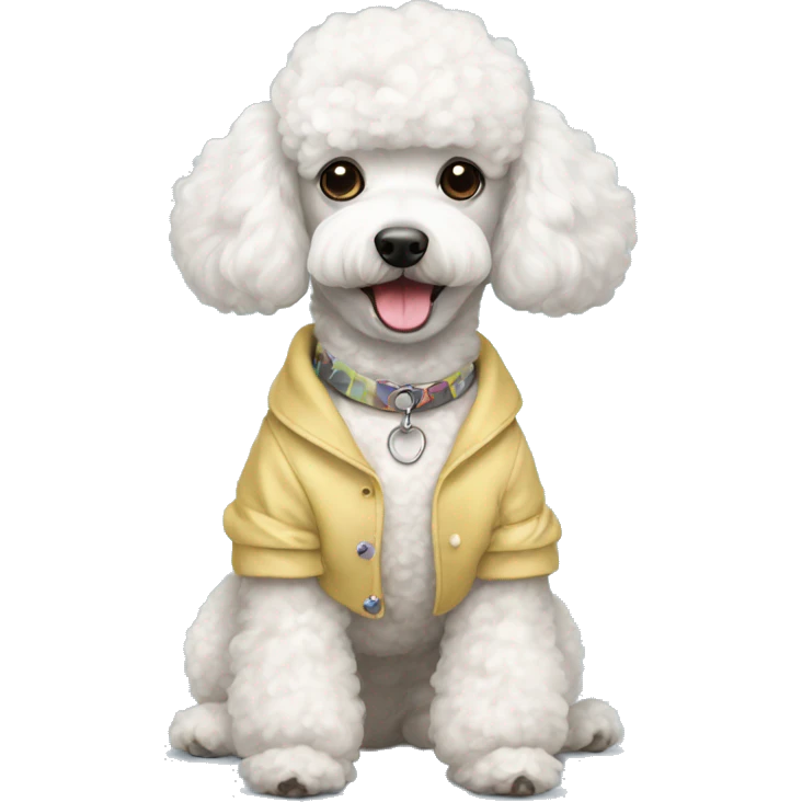 White miniature poodle, in cute clothes emoji