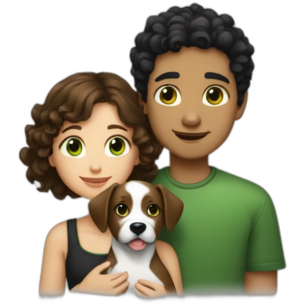 girl-with-brown-eyes-and-brown-hair-and-a-boy-with-short-black-hair-and-green-eyes-hugs-curly-black-and-white-dog emoji