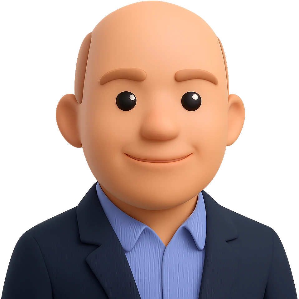 Create a 3D emoji-style portrait of the person in the foreground, with a professional look: collared shirt, blazer, confident and approachable expression. Use the Microsoft 3D Fluent emoji style. Transparent background. emoji