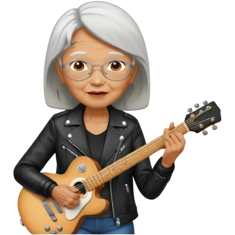 guitar rock player, elderly woman asian head, black jacket emoji