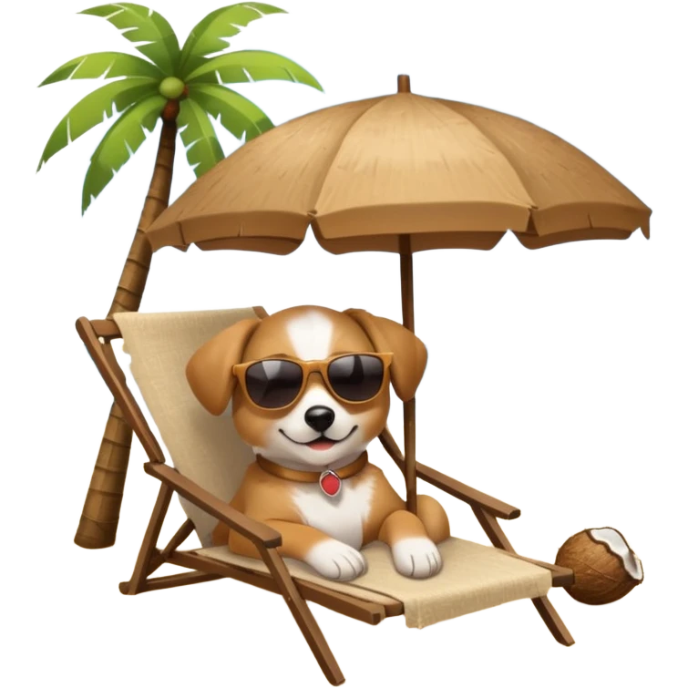 a dog laied on a beach chair, a sunny beach, a sun umbrella, and beach coconut trees. the icon should capture the essence of a relaxing beach vacation with a carefree atmosphere emoji
