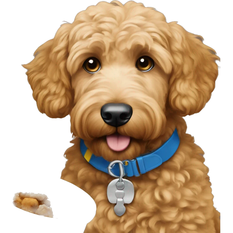 Goldendoodle with blue collar is eating brown food emoji
