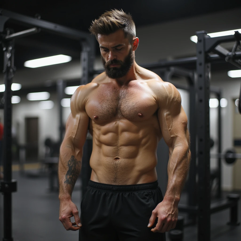 realistic 4K man training in the gym, focused on abs, visible belly emoji