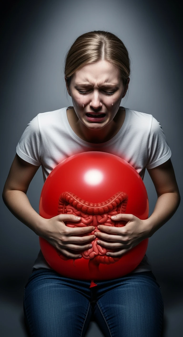 DONNA CON MAL DI PANCIA E INTESTINO CHIUSO IN UN PALLONCINO ROSSO, ESPRESSIONE DI DOLORE IN VOLTO, IPERREALISTICA 4K emoji