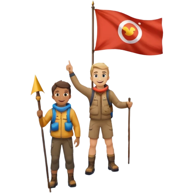 happy guy standing on a mountain peak, mountain visible under his legs, some snow, holding a flag emoji