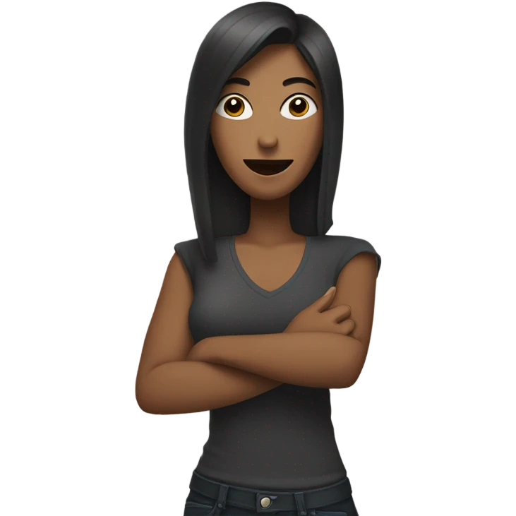 Woman with head down and arm raised up doing rock and roll sign with hand emoji