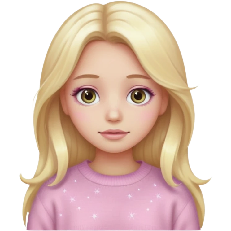 “Emoji girl, pastel pink blush, sparkly wide eyes,  oversized pastel sweater long blonde hair.” emoji