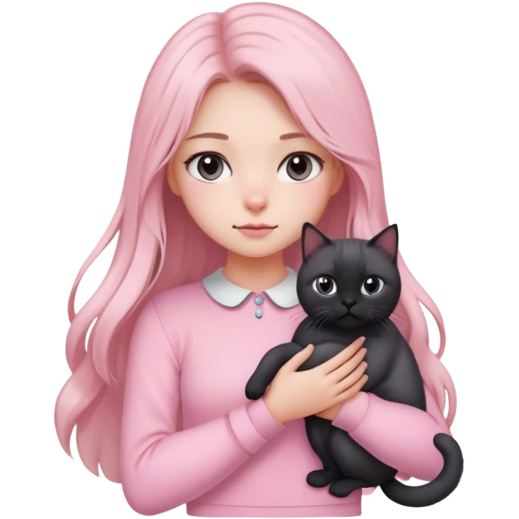 
girl with light long hair, grey eyes and fair skin in pink pastel clothes holds a black British cat in her arms emoji