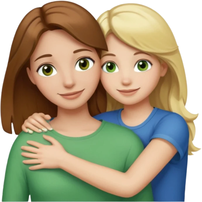 Maman avec les cheveux marrons les yeux marrons et la peau blanche, la fille avec les cheveux blond les yeux verts et la peau blanche, qui se font un câlin  emoji