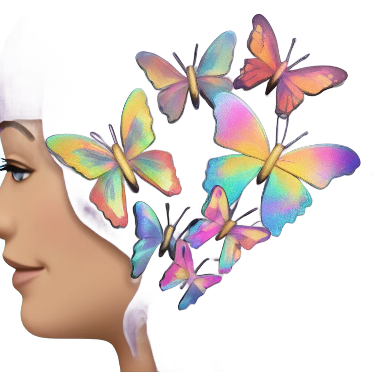 Butterfly Hair Clips – A cluster of holographic butterfly clips scattered in messy, colorful hair. emoji