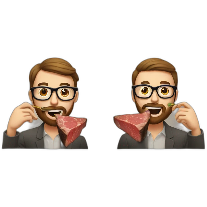 two males eating steaks both with glasses one with beard emoji