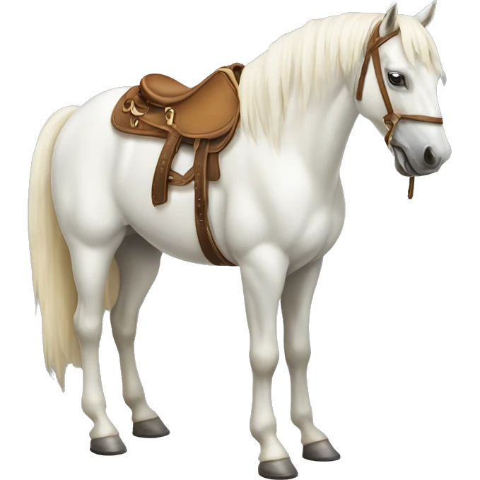 vanilla white horse standing up by itself with a saddle on it but no people emoji