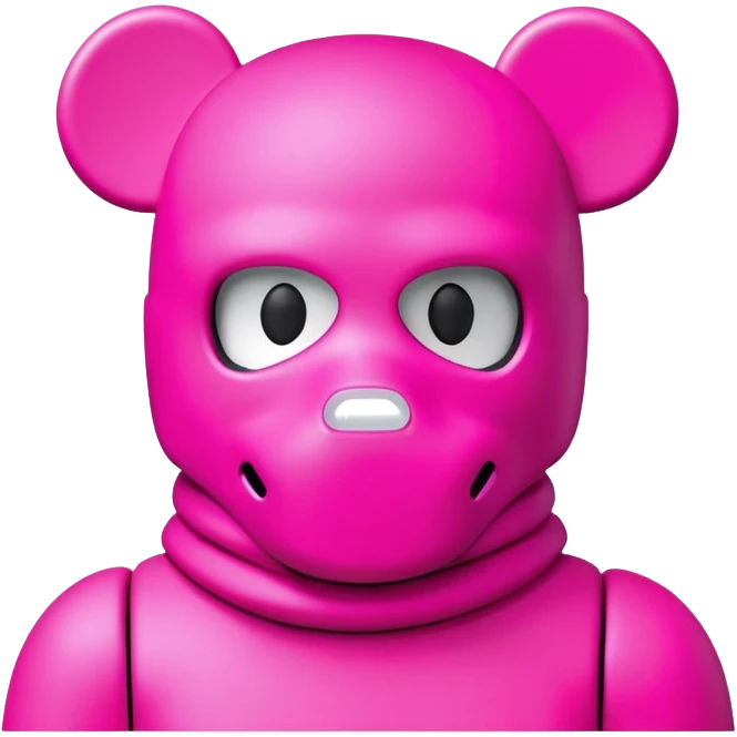 Bearbrick figure with KAWS-style X eyes, wearing a neon pink ski mask balaclava covering most of the face except for the X eyes emoji