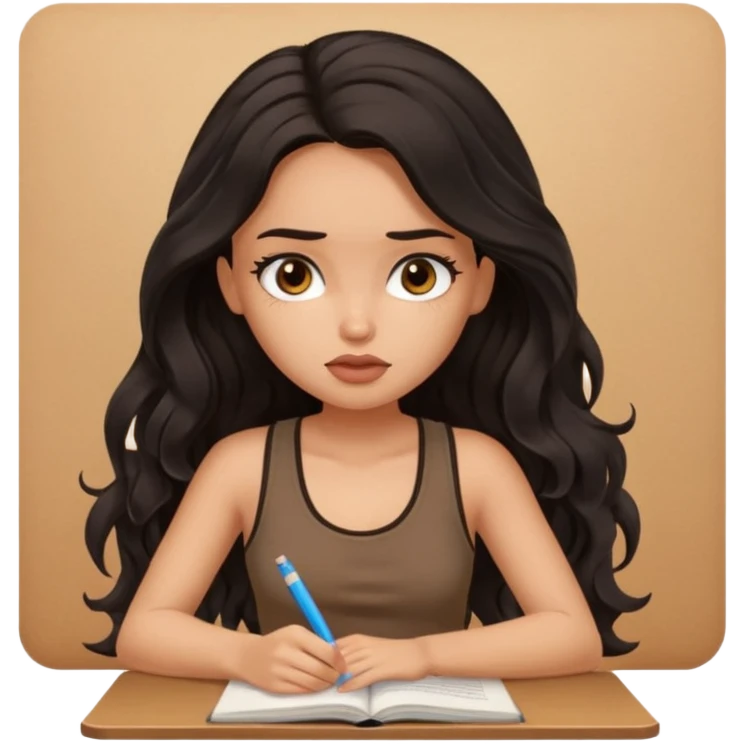 a pretty bratz light dusky girl with long wavy black hair in a brown tank top studying tired emoji