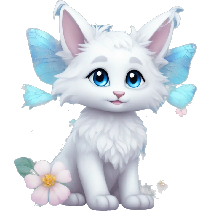 Anthro Cute Cool Kawaii gorgeous sparkly ethereal white fantasy animal creature with blue eyes furry sona with flowers and butterflies beautiful aesthetic emoji