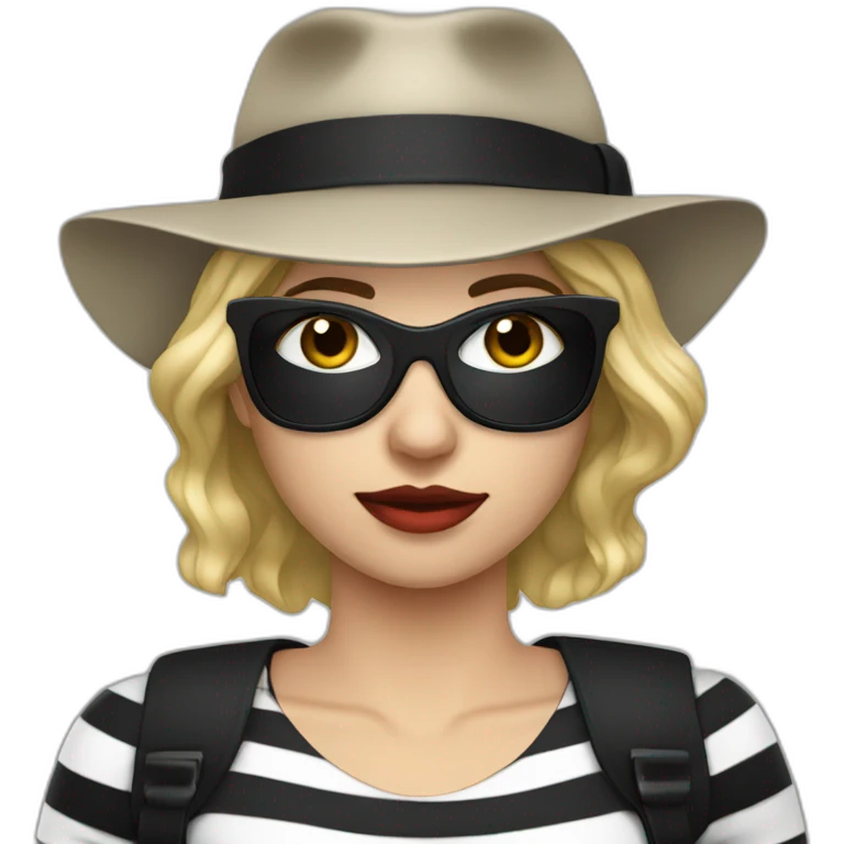 bank robber blonde woman with black hat eye mask and striped shirt emoji